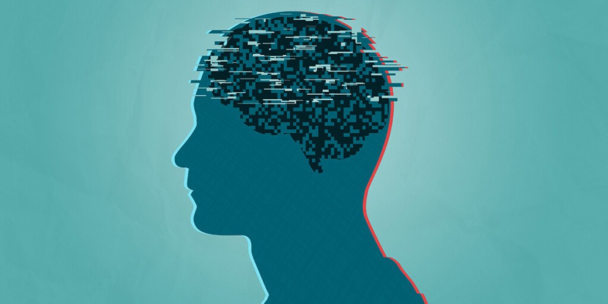 An androgynous unisex human head with messy glitch effect elements representing mental health, psychological, psychiatric and medical conditions with copy space for design